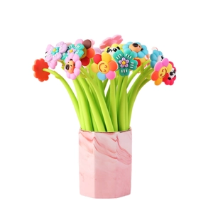 Colorful floral neutral pen set with green stems and creative marble pattern pen holder