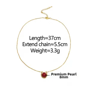 Detail of 8mm premium red pearl horseshoe pendant necklace with length measurements