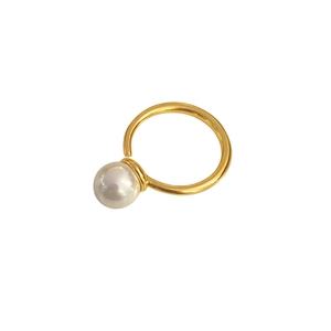 Elegant gold open ring featuring a large white round pearl in a minimalist French style