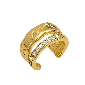 Gold double-layered ear cuff with micro-pave zircons and engraved star pattern
