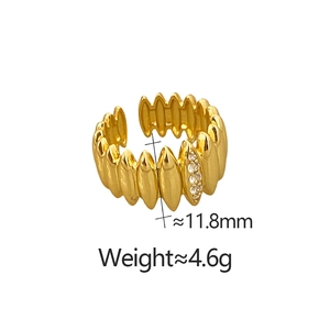Detailed view of gold plated textured ring with vertical cubic zirconia and measurements