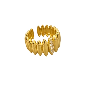 Adjustable gold ring with wavy texture and micro-set zircon stones on white background