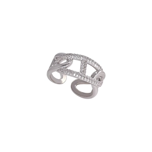 Minimalist silver pig nose adjustable ring with micro-pave cubic zirconia stones