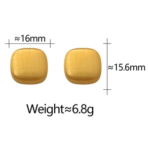 Detail showing dimensions of golden brushed geometric square stud earrings 16mm x 15.6mm