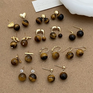 Boucles D'oreilles Perles En Pierre Oeil De Tigre Rétro Maillard Cuivre Plaqué Or Style Français Minimaliste Pour Femmes
