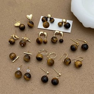 Ensemble de boucles d'oreilles vintage en œil de tigre avec crochets en métal doré