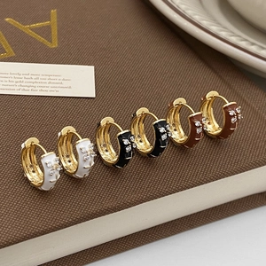 Elegant gold plated enamel hoop earrings with zircon stones in black white and brown
