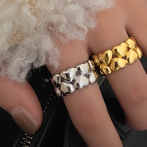 Anelli vintage francesi a doppio cuore in oro e argento con micro-pavé di zirconi