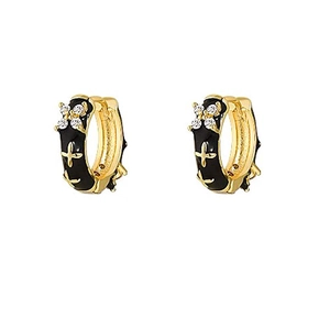 Elegant gold earrings with black enamel and micro-pave crystals in floral design