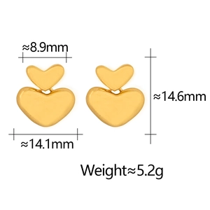 Detailed view of double heart stud earrings in gold finish with precise dimensions