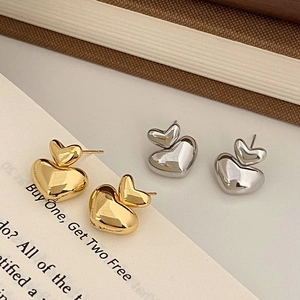 Double Heart Stacked Stud Earrings Brass Real Gold Plated Large Small Heart Design Fashion Elegant Jewelry For Women