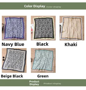 Detailed grid of 70cm silk-like paisley square scarves in navy, black, khaki, and green