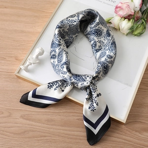 Detailed view of paisley silk scarf with blue geometric border on white background