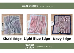 Detailed color display of geometric printed silk scarves in khaki, light blue, and navy