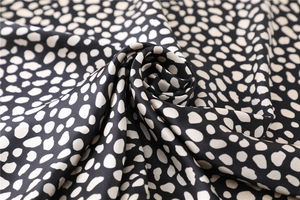 Vue détaillée du tissu soyeux noir à pois blancs montrant un drapé lisse élégant