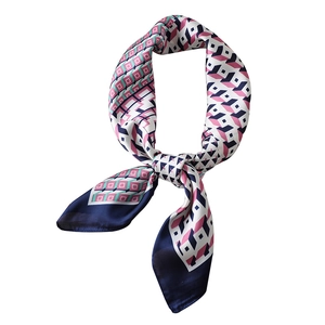 Silk scarf with modern geometric square patterns in pink and navy on white background