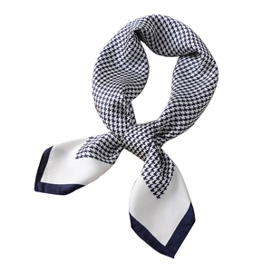 Classic blue and white houndstooth silk-like scarf with solid navy blue border