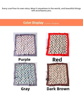 Detail of floral silk square scarves in purple, red, grey and dark brown color options
