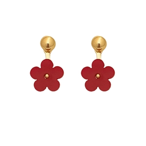 French style red flower earrings with gold bead studs and sweet floral design for women
