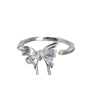 Bague papillon argentée ajustable ornée de zircons colorés au design minimaliste chic