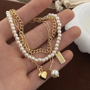 Heart Pendant Bracelet Faux Artificial Pearl Gold Plated Alloy Multi Layer Minimalist Elegant Hand Jewelry For Women