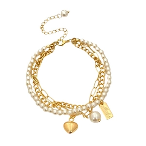 Elegant multi-layer gold chain pearl bracelet with heart pendant and engraved metal tag