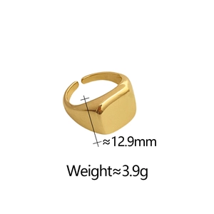 Detail view of square gold signet ring featuring a polished finish and adjustable band size