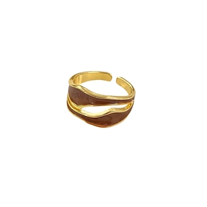 Minimalist vintage gold-plated open ring with unique brown enamel wave design patterns