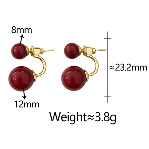 Detail view of red double bead earrings showing dimensions 8mm and 12mm on white background