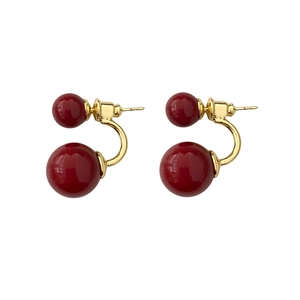 French minimalist double red resin bead earrings with golden finish studs