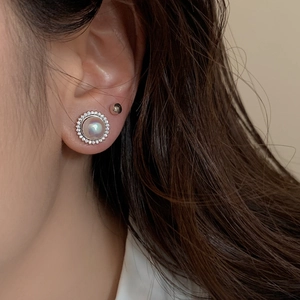 French style sunflower stud earrings with iridescent pearl and sparkling crystal accents