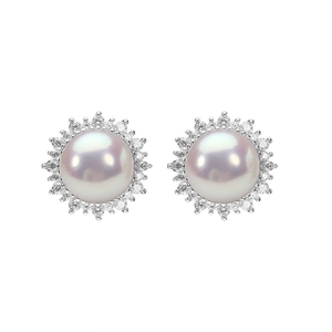 Elegant halo style earrings featuring iridescent pink-purple pearls and sparkling zircons