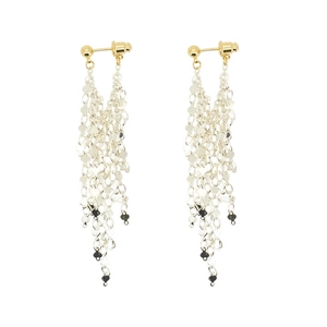 Elegant multi-layer gold and silver tassel earrings with black teardrop charms