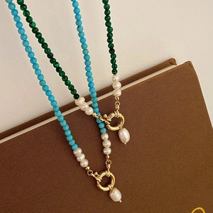 Natural freshwater pearl and turquoise necklace with gold clasp and droplet pendant