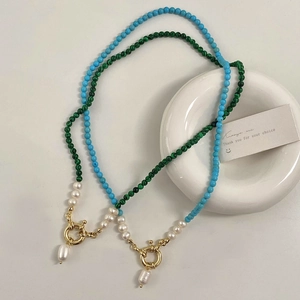 Freshwater Pearl Turquoise Malachite Beaded Necklace Gold Plated Alloy Toggle Clasp Pendant Elegant Fashion Jewelry For Women