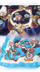 Detailed close-up of retro carriage print silk square scarf with fine hemmed edges