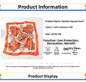 Detailed infographic of 60x60cm orange silk scarf featuring vintage carriage patterns