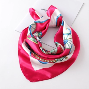 Silk square scarf with rose red border and vintage carriage chain print for women