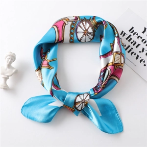 Elegant silk-like square scarf featuring vintage carriage print and gold chain patterns