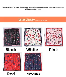 Detailed grid view of cartoon pattern silk scarves in black, white, pink, red, and navy