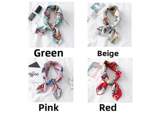 Cute cartoon cat silk scarves in green, beige, pink, and red satin fabric varieties