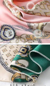 Detail of silk-satin square scarves featuring chain patterns and fine hemmed edges