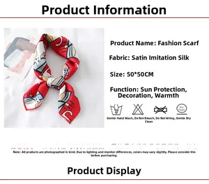Detailed view of the red cartoon cat print on a 50x50cm satin silk-like fashion square scarf