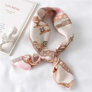 Retro Chain Print Satin Square Scarf Women Neck Kerchief Fashionable Head Wrap Handbag Accessory Satin Like Texture