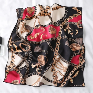Fashionable chain print faux silk square scarf with classic red and black tassel patterns