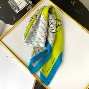 70cm striped silk scarf with artistic abstract face print and blue dotted patterns