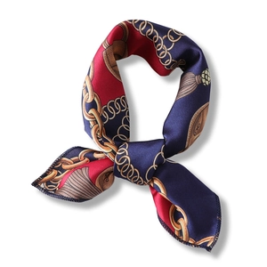Red and blue silk-like square scarf with gold chain pattern and elegant tassel design