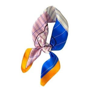 Elegant 70cm checkered scarf with blue and orange contrast print on a white background