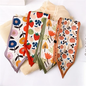 Fashionable floral and fruit print slim silk scarves with colorful piping for women