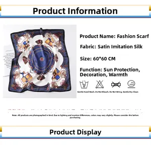 Detail of vintage carriage print silk satin square scarf measuring 60x60cm in navy blue
